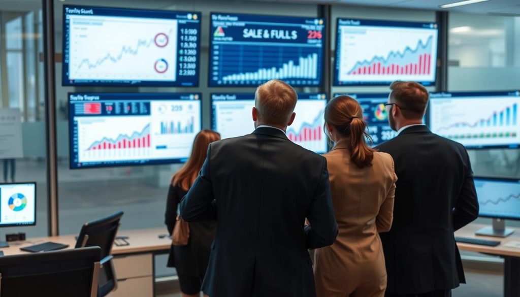 Affärspersoner analyserar försäljningsprognos på en digital skärm i ett modernt kontorslandskap