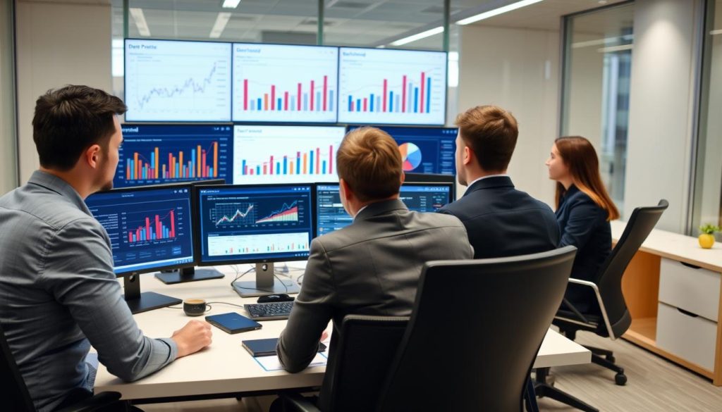 Affärspersoner som analyserar demand forecasting data på kontorsmiljö