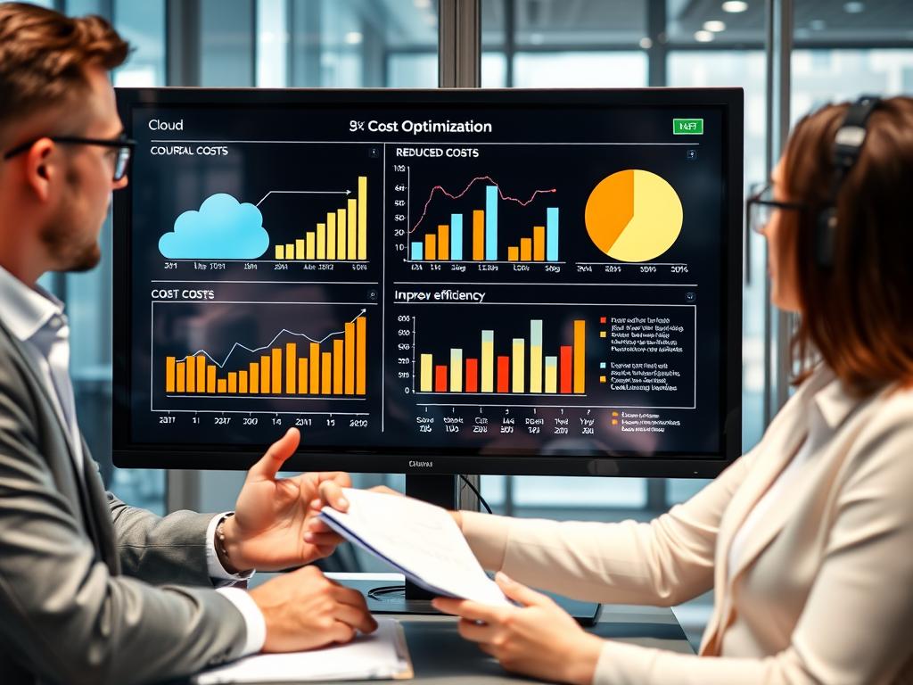 Aff&auml;rspersoner som analyserar molnkostnadsoptimering p&aring; en digital sk&auml;rm