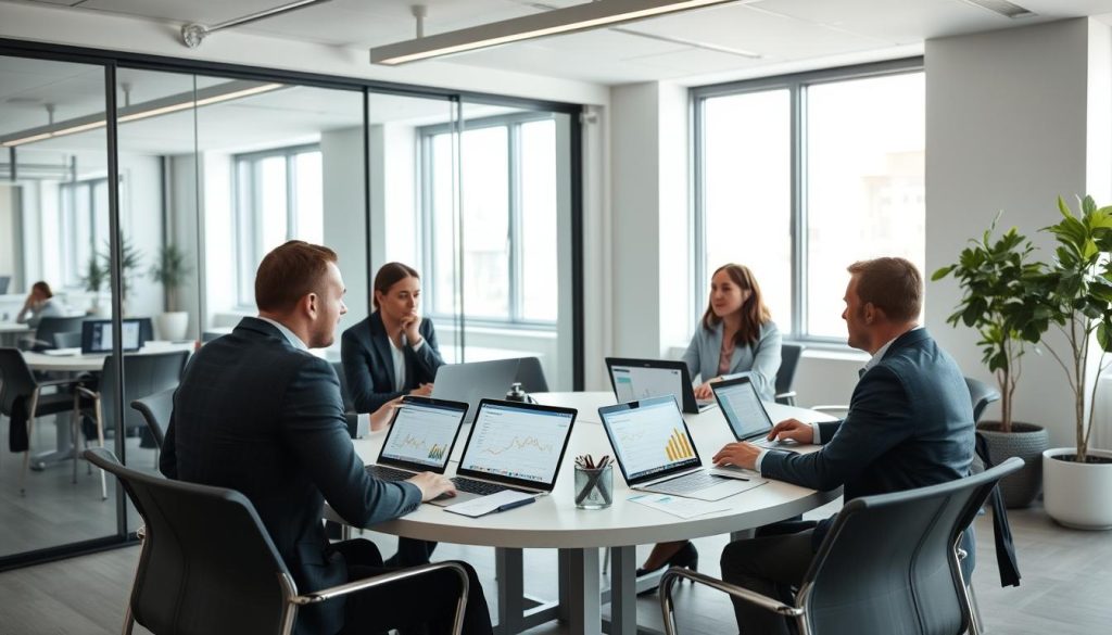 Affärsprofessionella i kontorsmiljö som diskuterar AI efterfrågeprognos resultat