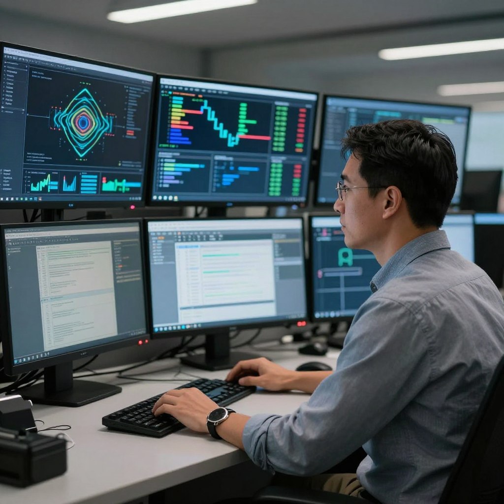 American security analyst monitoring segmented network traffic