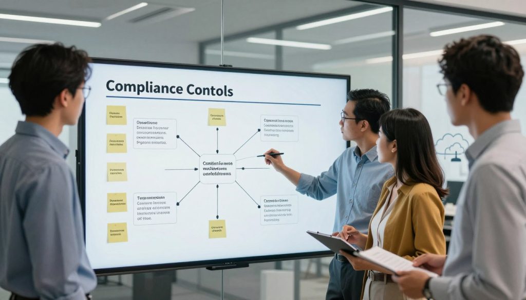 American team mapping compliance controls to operational workflows on a digital board