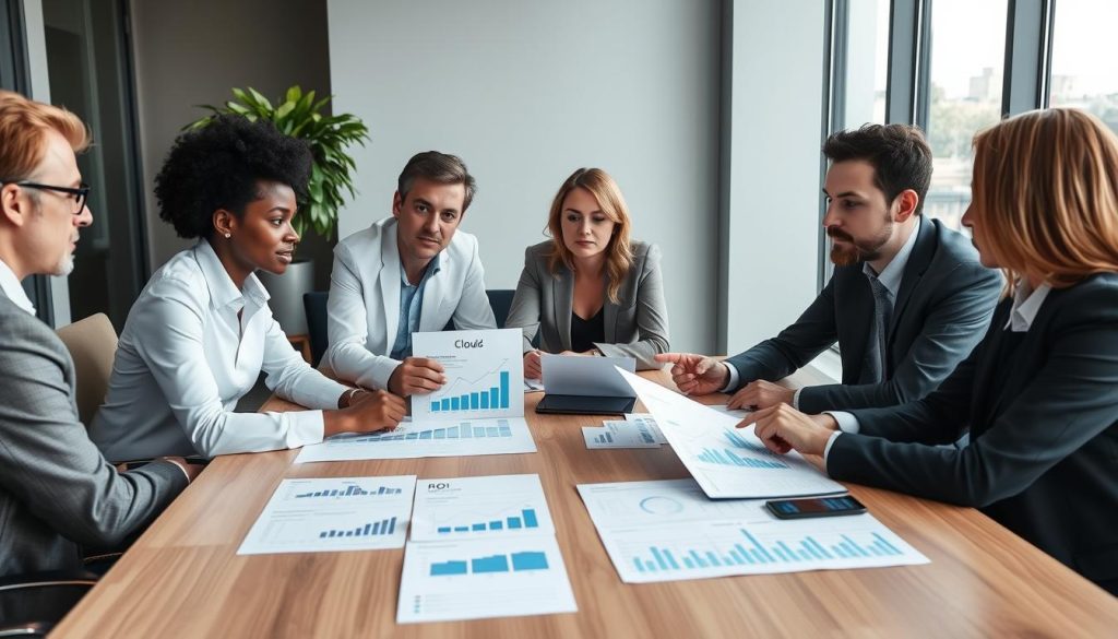 Business executives reviewing cloud security investment data on a conference table