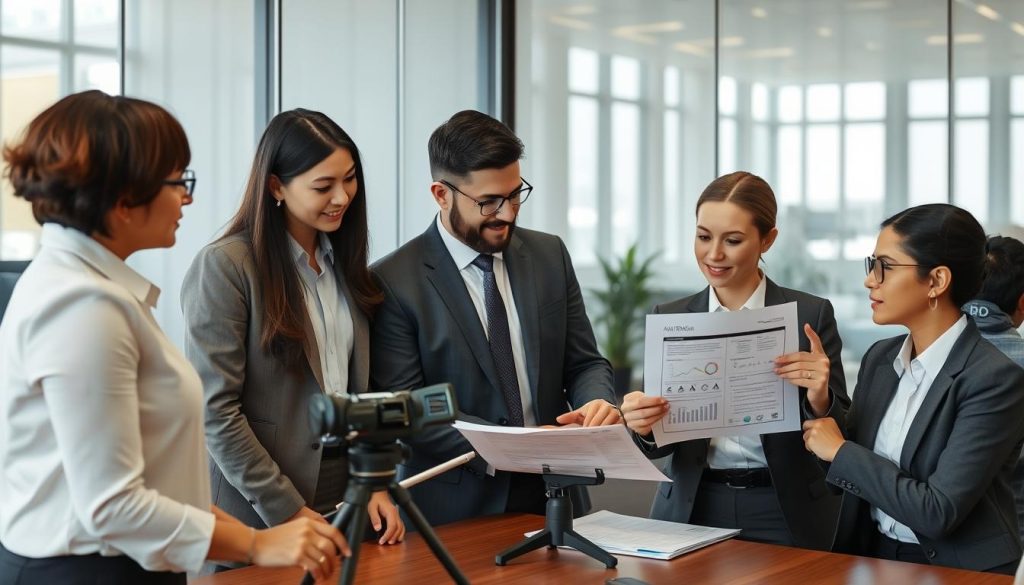 Business team reviewing ROI analysis for visual inspection equipment