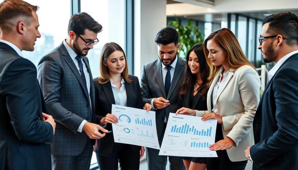 Business team reviewing cloud security case study results
