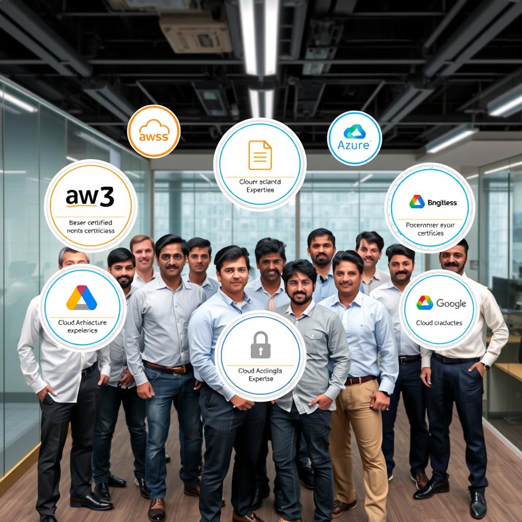 Cloud MSP Bangalore engineers with certification badges and expertise icons