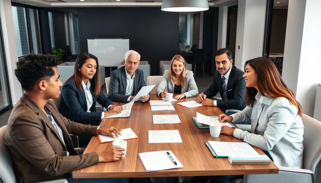 Compliance team reviewing cloud security documentation in an office meeting