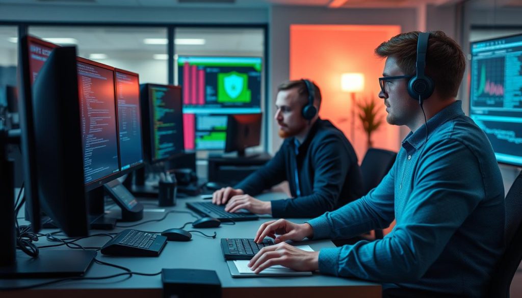 Cybersäkerhetsanalytiker övervakar EDR företag system för att identifiera avancerade hot