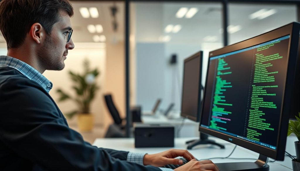 Cybersäkerhetsexpert genomför ett penetrationstest för företag vid en datorskärm med kodvisning