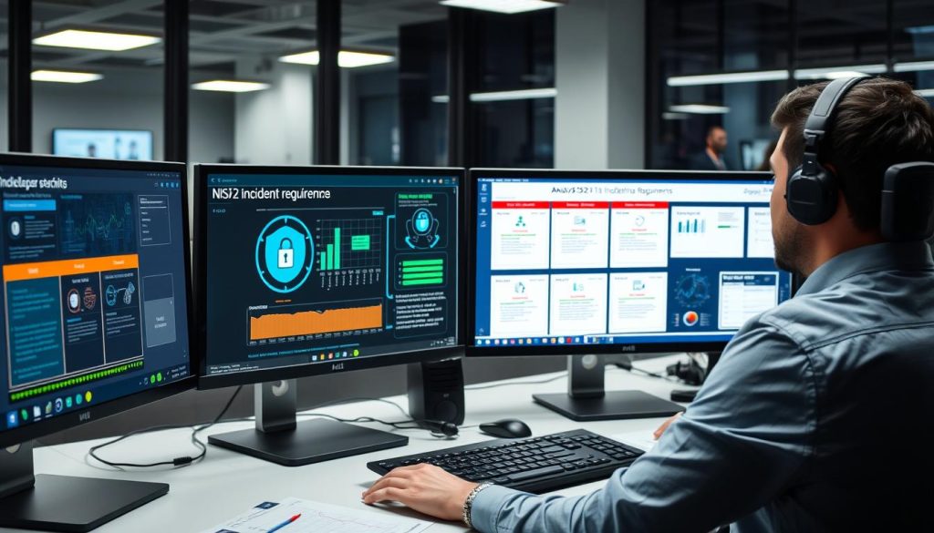 Cybersäkerhetsexpert som analyserar NIS2 incidentrapportering på datorskärm i kontorsmiljö