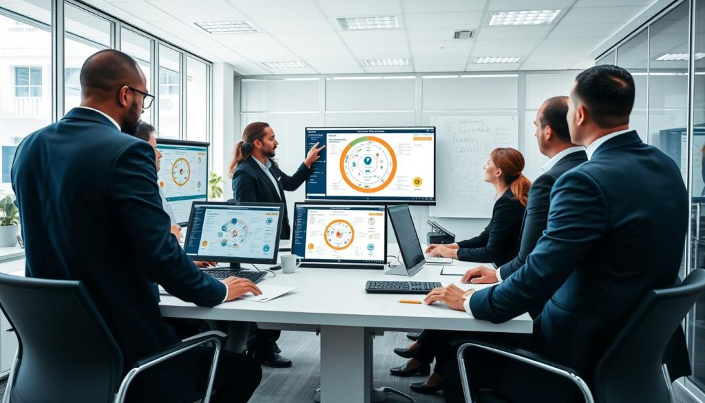 Cybersäkerhetsexperter som analyserar NIST Cybersecurity Framework i ett modernt kontorslandskap