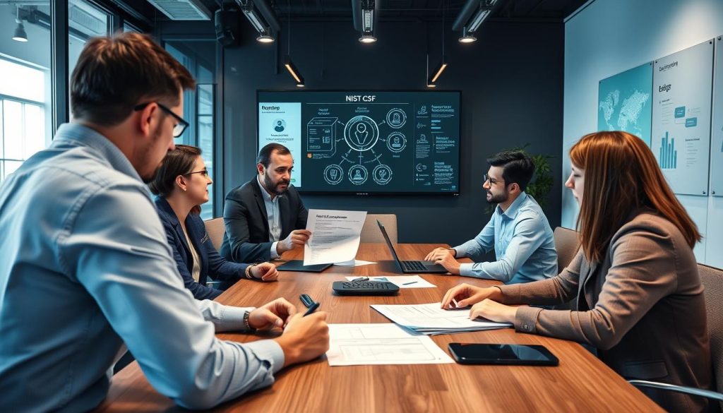 Cybersäkerhetsteam som planerar nästa steg i NIST CSF implementering