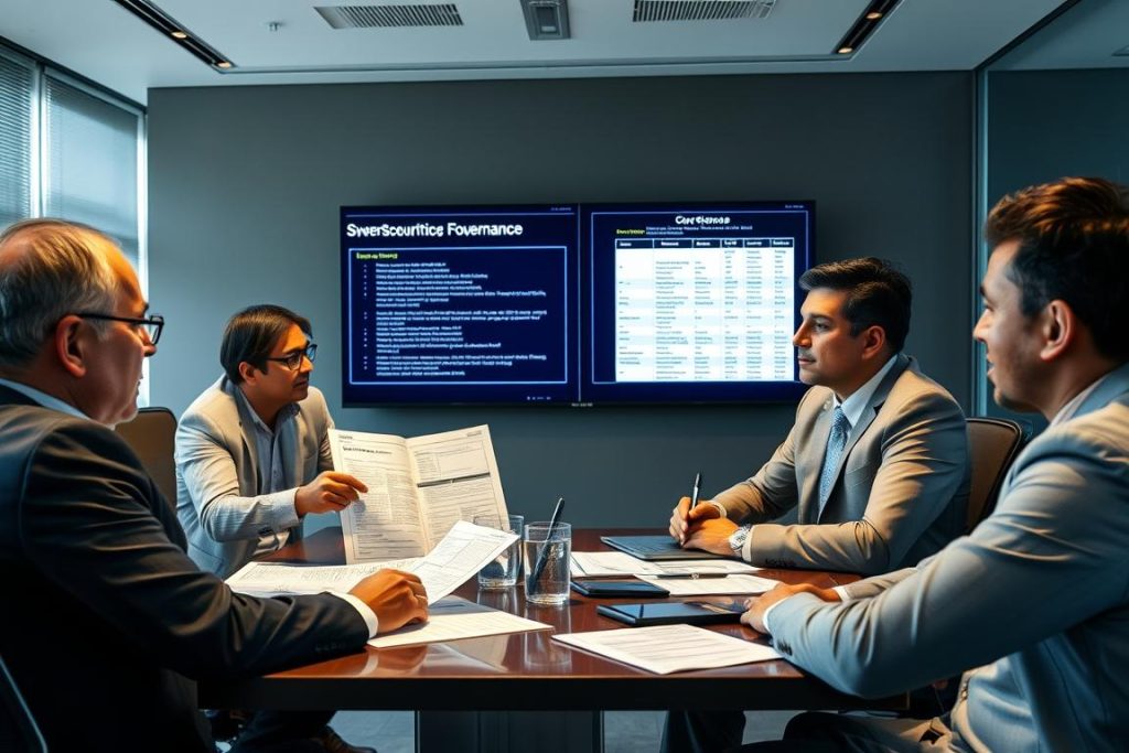 Cybersecurity governance meeting with Mumbai executives reviewing compliance documentation