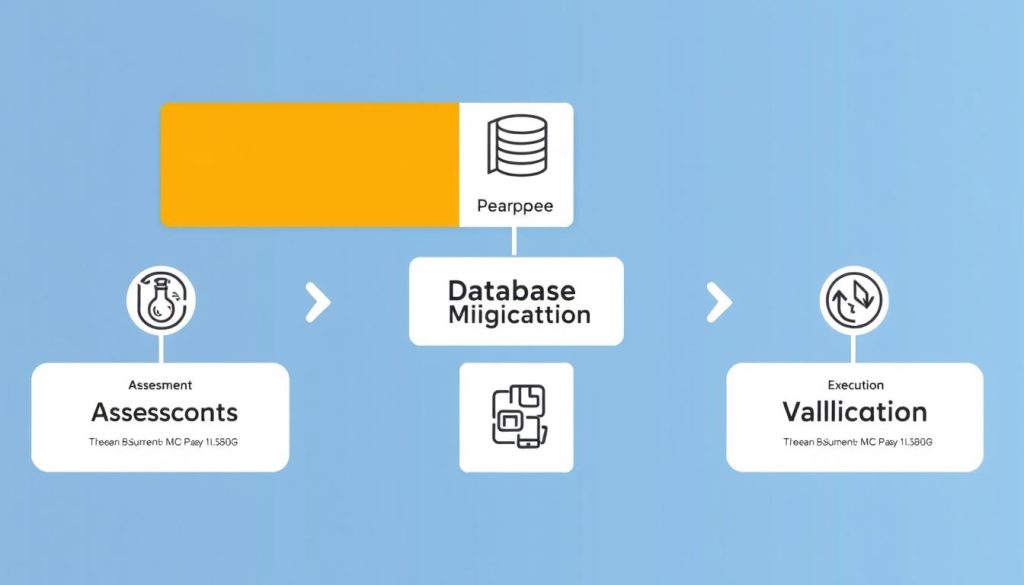 Database migration workflow showing assessment, preparation, execution and validation phases