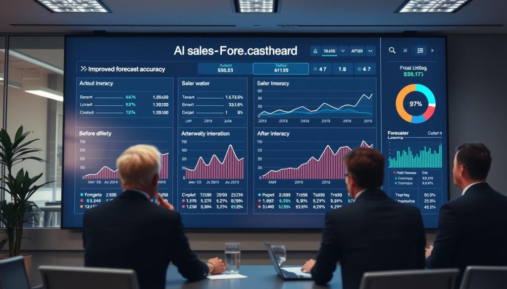 Detaljerad AI försäljningsprognos-dashboard i kontorsmiljö som visar förbättrad precision