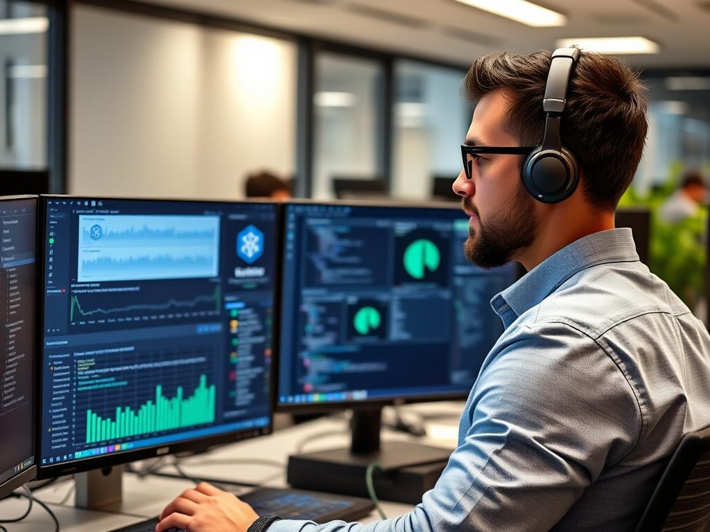 DevOps engineer working with Kubernetes dashboard showing container metrics and deployment status