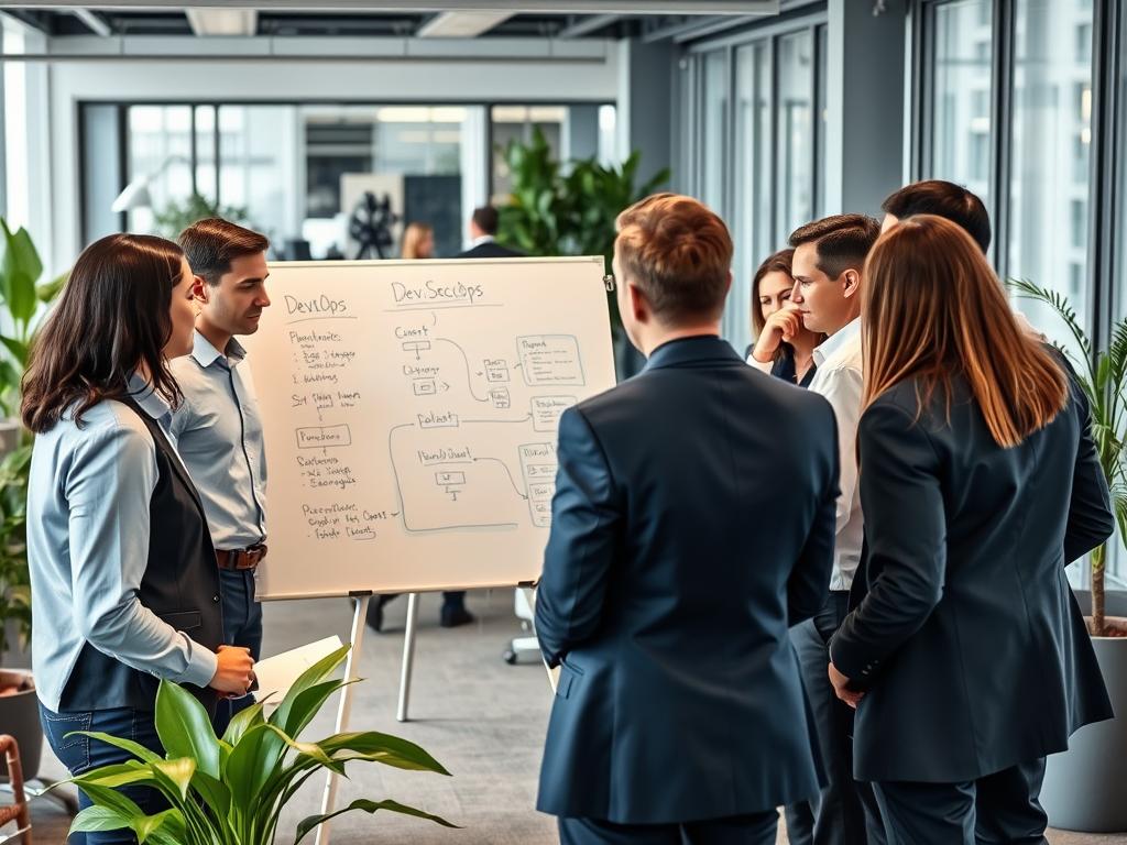 DevOps och DevSecOps i kontorsmiljö med team som samarbetar