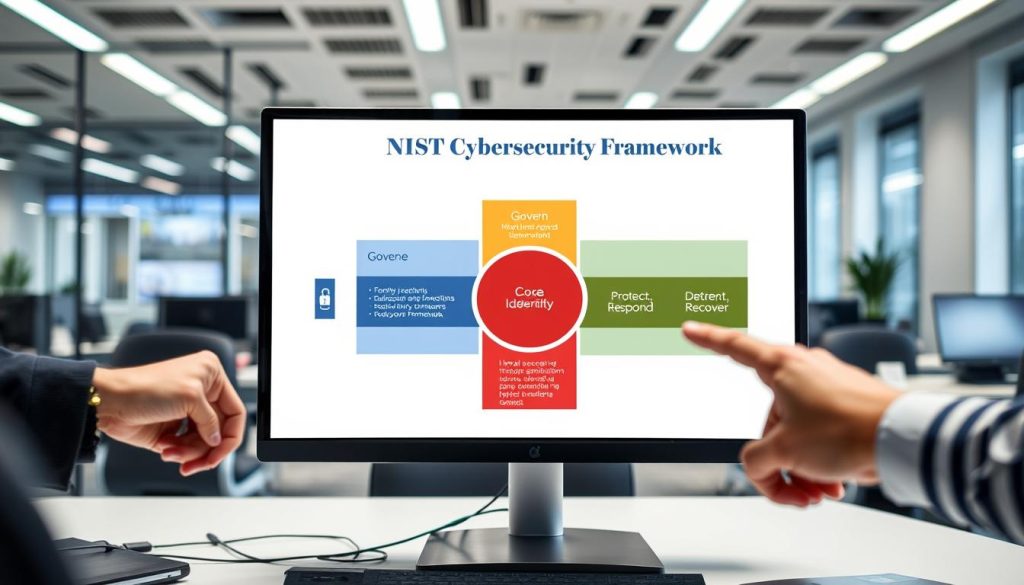 Diagram som visar de sex kärnfunktionerna i NIST Cybersecurity Framework på en kontorsskärm
