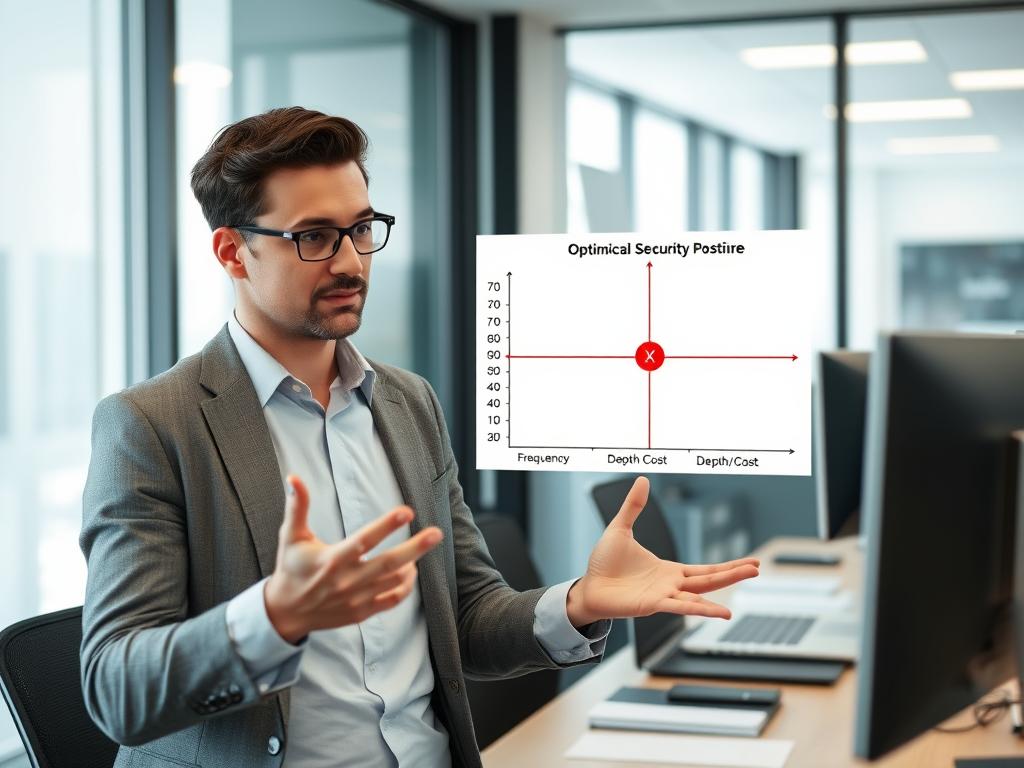 Diagram som visar optimal balans mellan sårbarhetsskanning och penetrationstest i kontorsmiljö