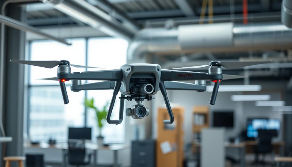 Drone performing visual inspection of industrial infrastructure