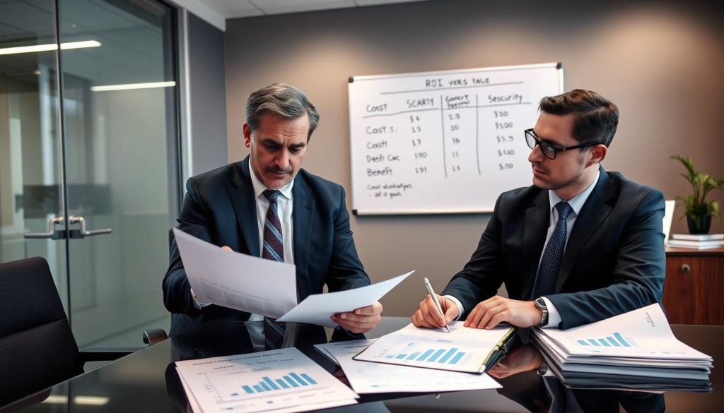 Ekonomichef och IT-chef diskuterar kostnad och värde av pen test vs sårbarhetsscanning i kontorsmiljö