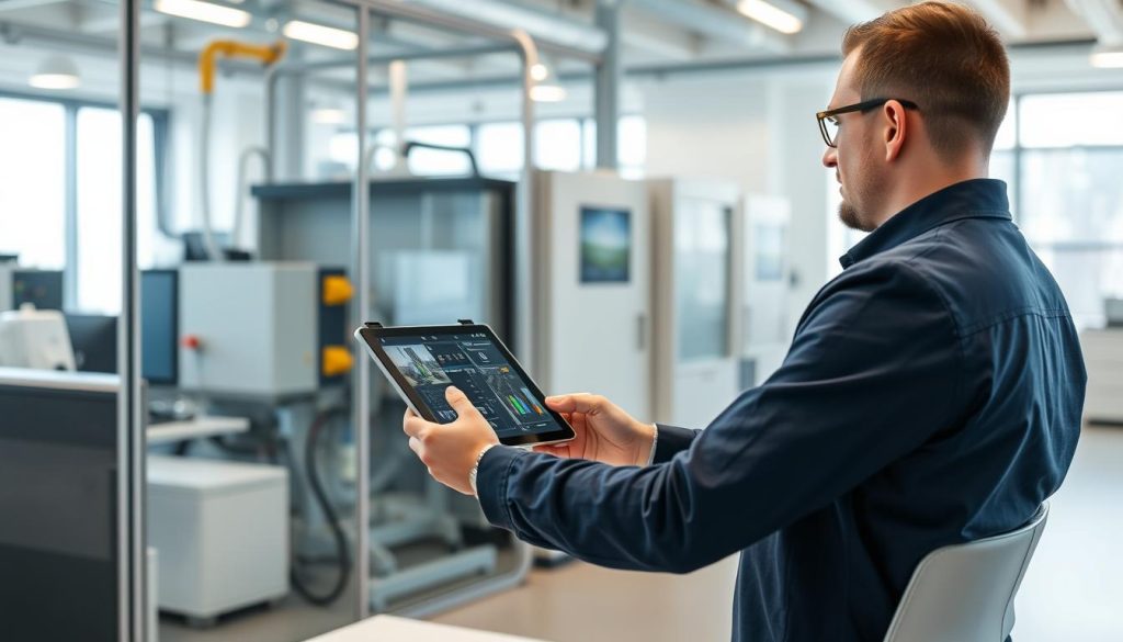 Engineer using tablet for remote visual inspection of industrial equipment
