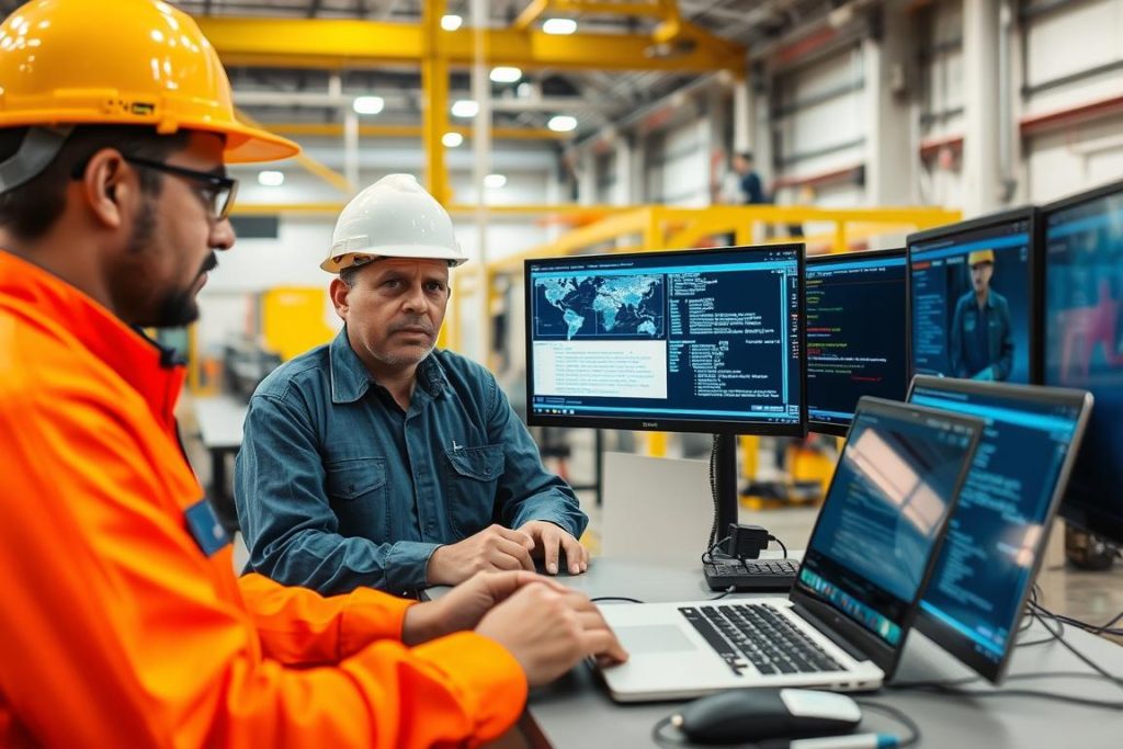 Engineers troubleshooting security issues in a visual inspection system deployment