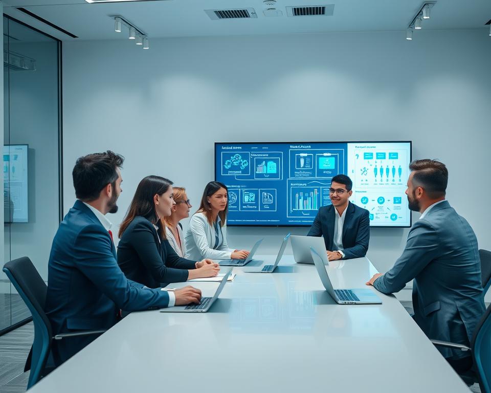 European business professionals discussing managed services strategy with IT experts