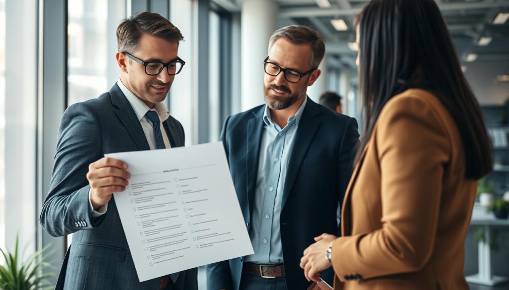 Executive reviewing cloud security investment checklist with team