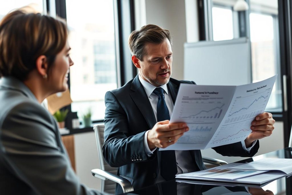 Executive reviewing external cloud security funding documents with financial advisor