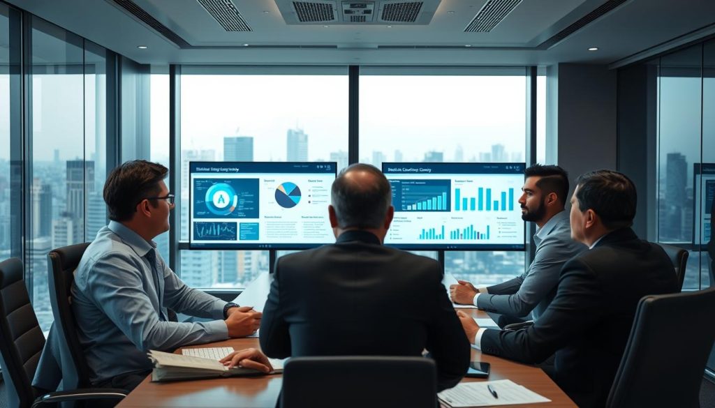 Executive risk review meeting with Mumbai cyber security companies discussing threat intelligence