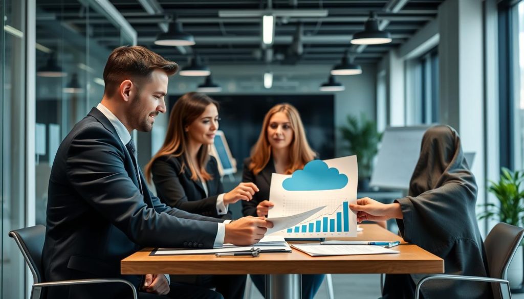 Finance team developing cloud security budget in collaborative session