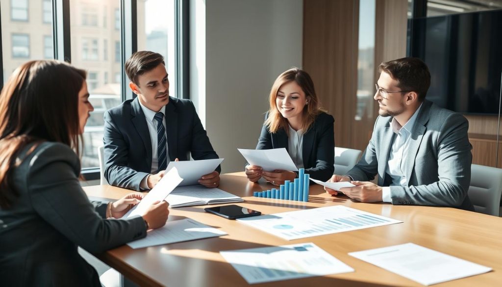 Finance team discussing cloud security funding models in a boardroom