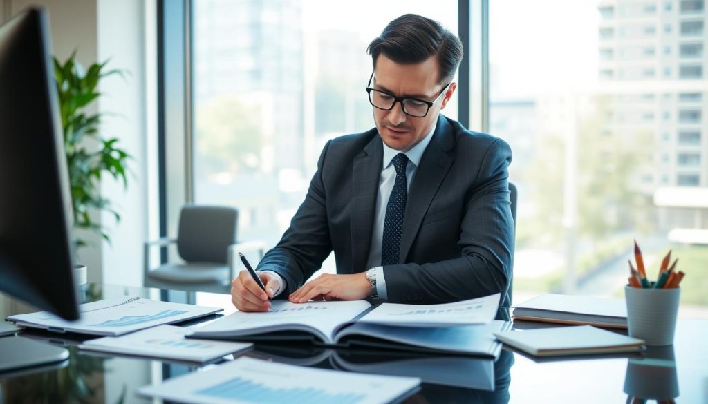 Financial analyst calculating cloud security ROI metrics at desk