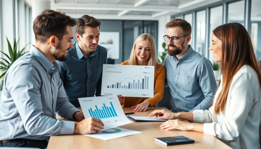 Framgångsrikt team som använder AI efterfrågeprognos i kontorsmiljö