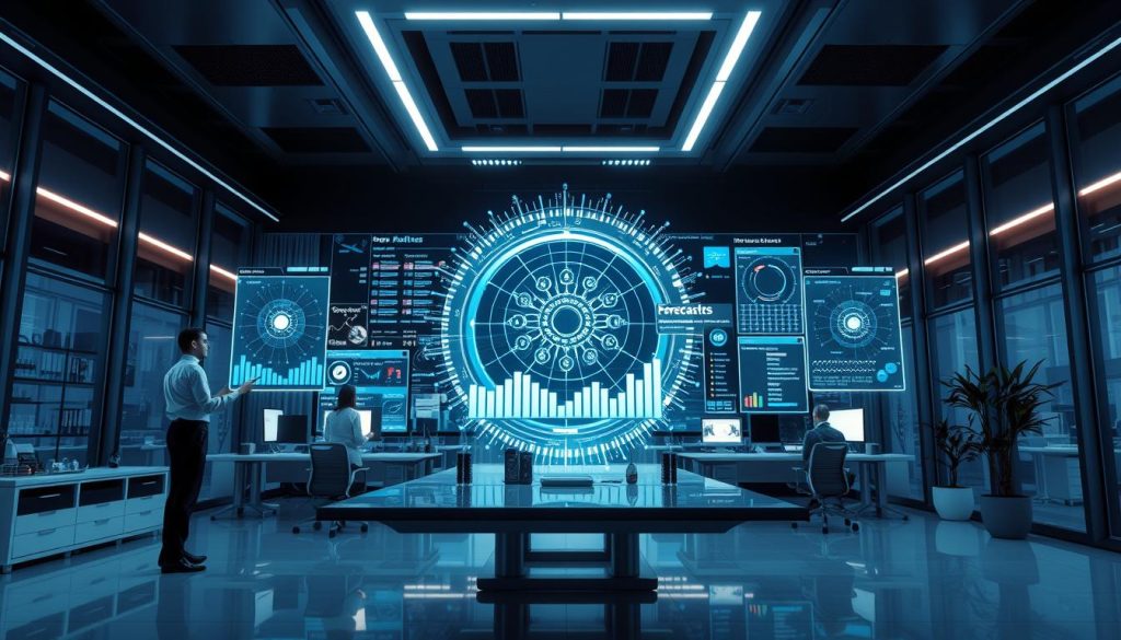 Framtidstrender inom AI försäljningsprognos visualiserade i modern kontorsmiljö