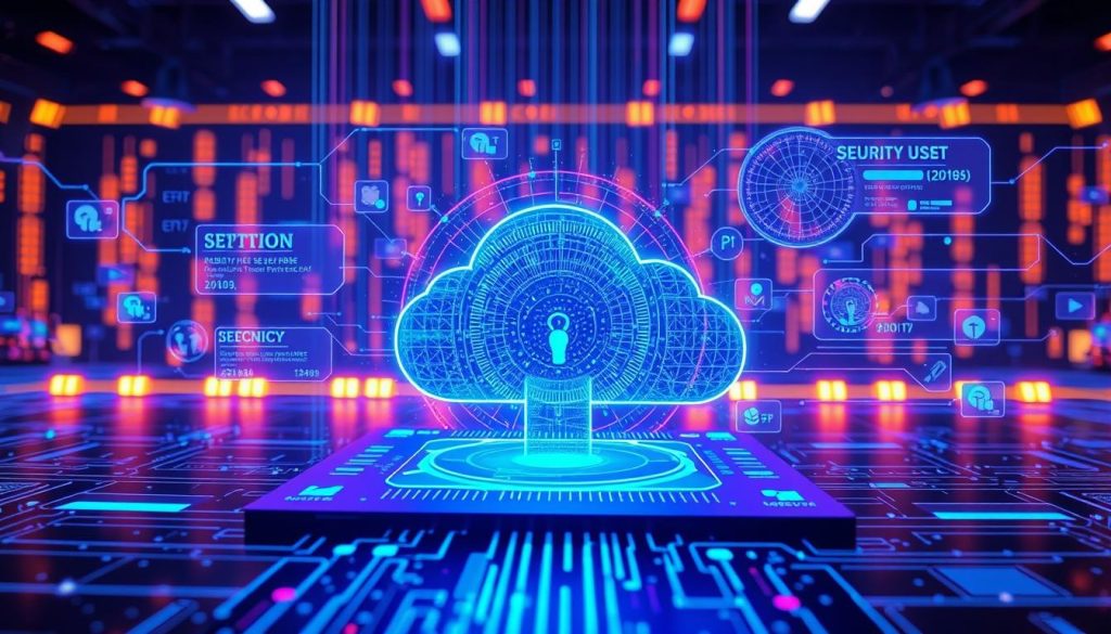 Futuristic visualization of advanced AI security technologies protecting cloud infrastructure