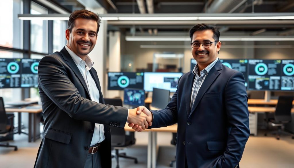 Handshake between business leaders and representatives from cyber security companies in Hyderabad