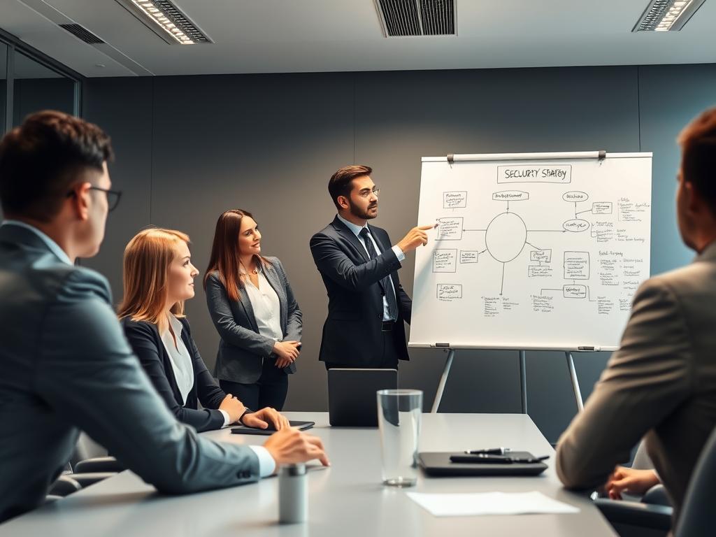IT decision-makers reviewing cybersecurity strategy on a whiteboard