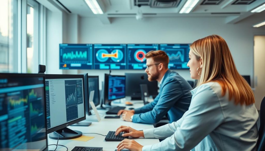 IT professionals in a Swedish managed service provider sweden monitoring systems in a modern office environment