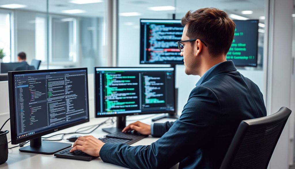 IT-säkerhetsspecialist analyserar resultat från pen test vs sårbarhetsscanning på en datorskärm i kontorsmiljö