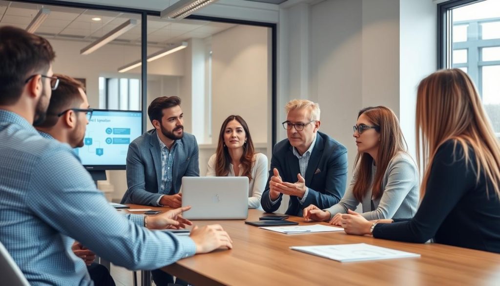 IT-team diskuterar fördelar med EDR företag lösningar i ett modernt svenskt kontor