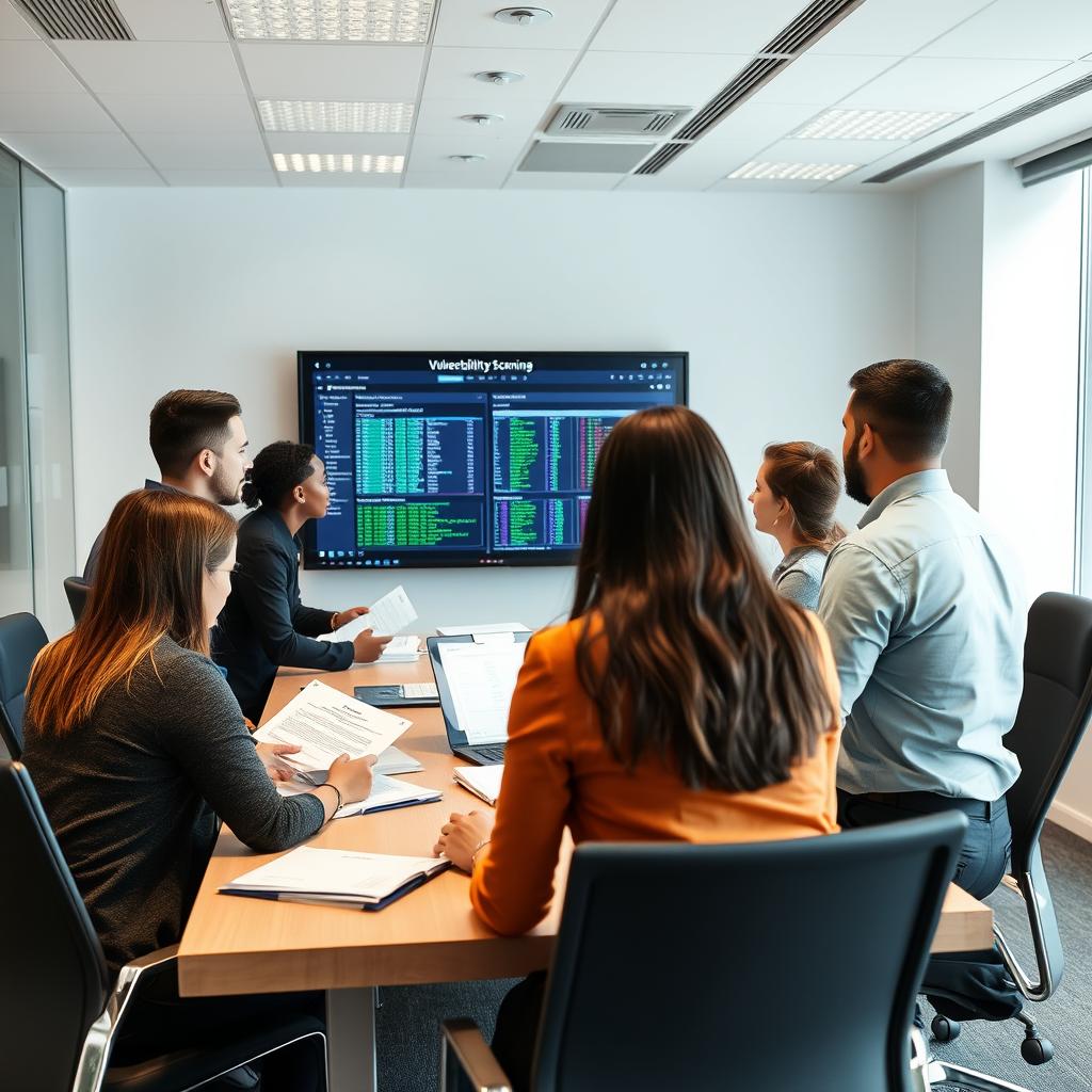 IT-team diskuterar resultat från en sårbarhetsskanning i ett kontorsmöte