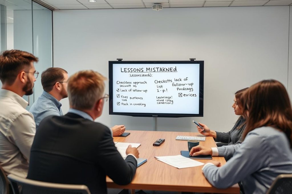 IT-team diskuterar vanliga misstag vid säkerhetstestning i ett kontorsmöte