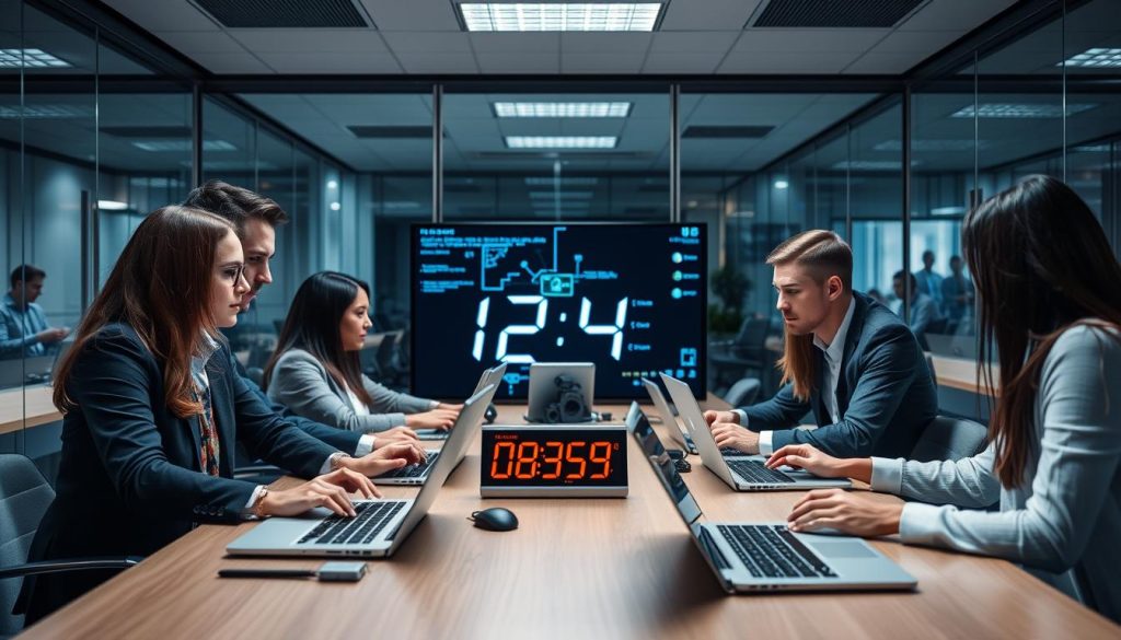 IT-team som arbetar med NIS2 incidentrapportering under tidspress i kontorsmiljö