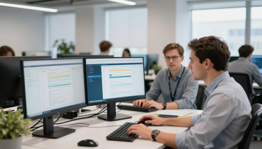 IT-team som arbetar med managerade supporttjänster i modern kontorsmiljö