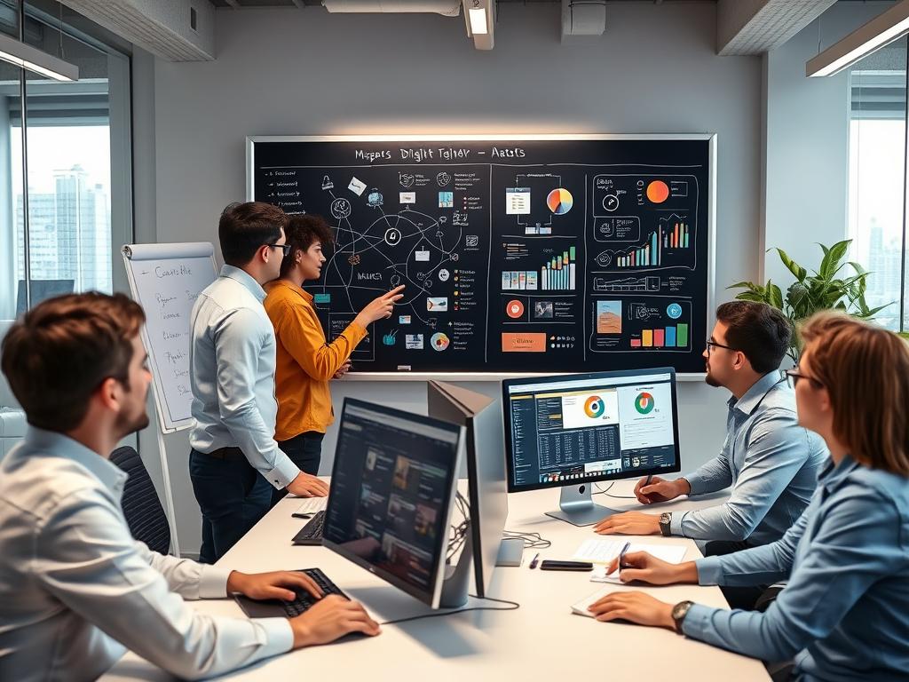 IT-team som kartlägger digitala tillgångar i ett modernt kontorslandskap