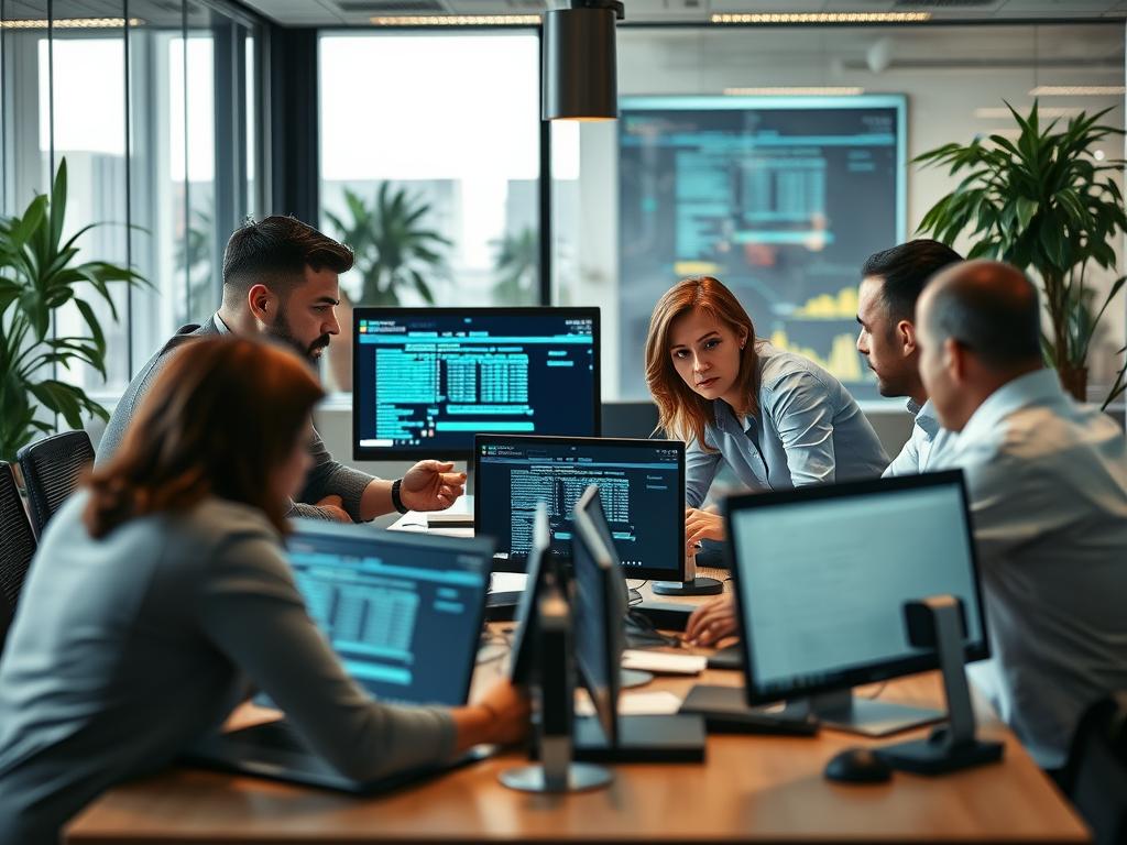 Incidenthanteringsteam som reagerar på en cybersäkerhetshändelse i ett kontorslandskap