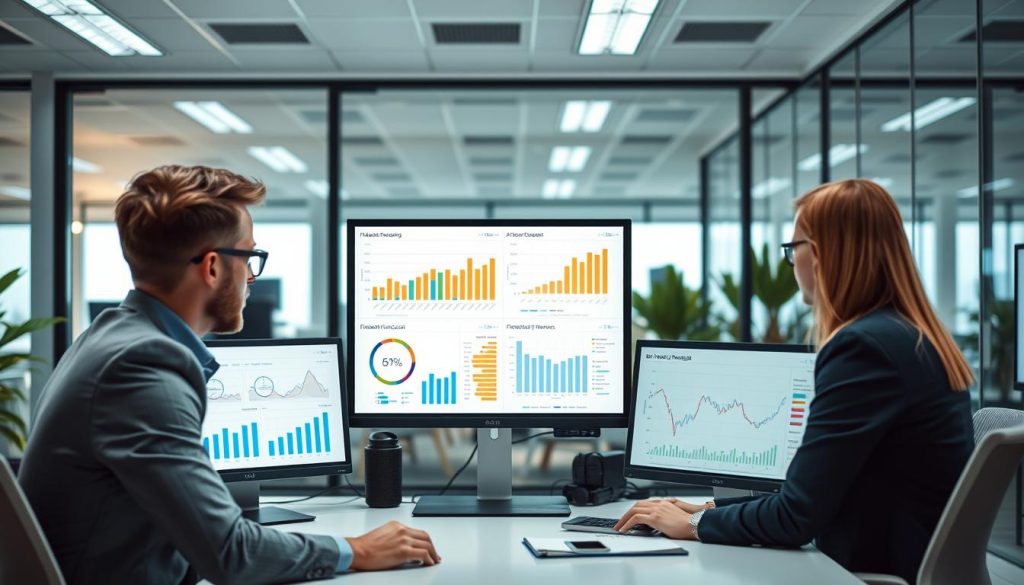 Kontorsmiljö där affärsprofessionella analyserar AI efterfrågeprognos data på datorskärmar