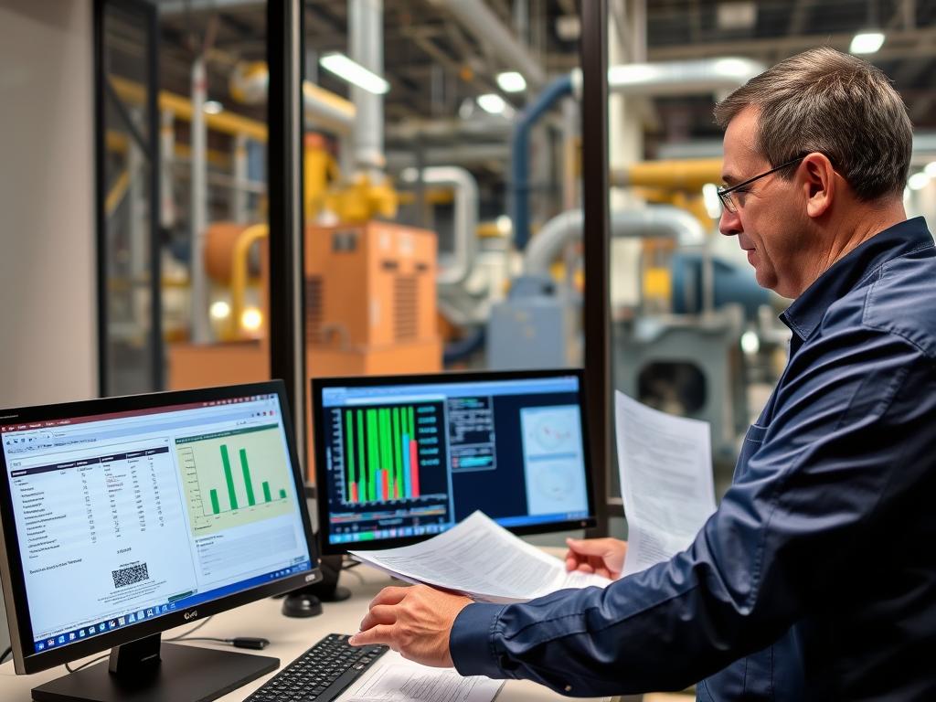 Maintenance technician reviewing compliance documentation with condition monitoring data